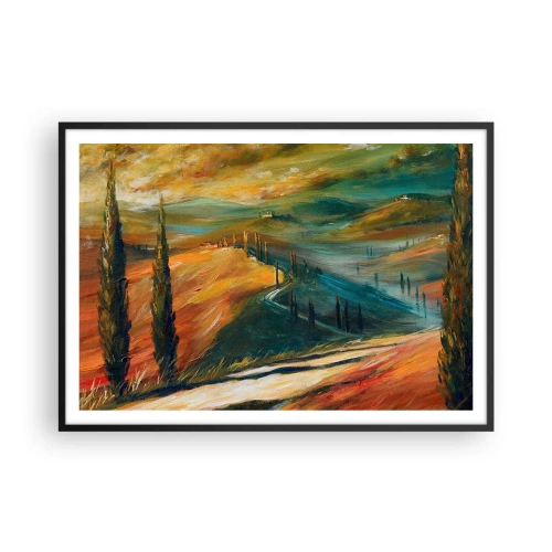 Affiche dans un cadre noir - Poster - Paysage toscan avec champs, route et cyprès - 100x70cm - paysage toscan - Décoration murale moderne pour le salon et la chambre ARTTOR