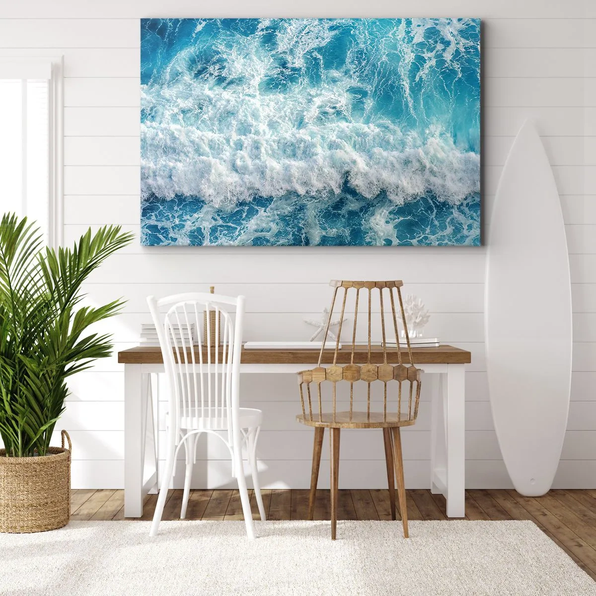Impression sur toile - Image sur toile - Vagues océaniques dynamiques dans des tons de bleu - 100x70cm - Joyeusement et en sautant - Décoration murale moderne pour le salon et la chambre ARTTOR