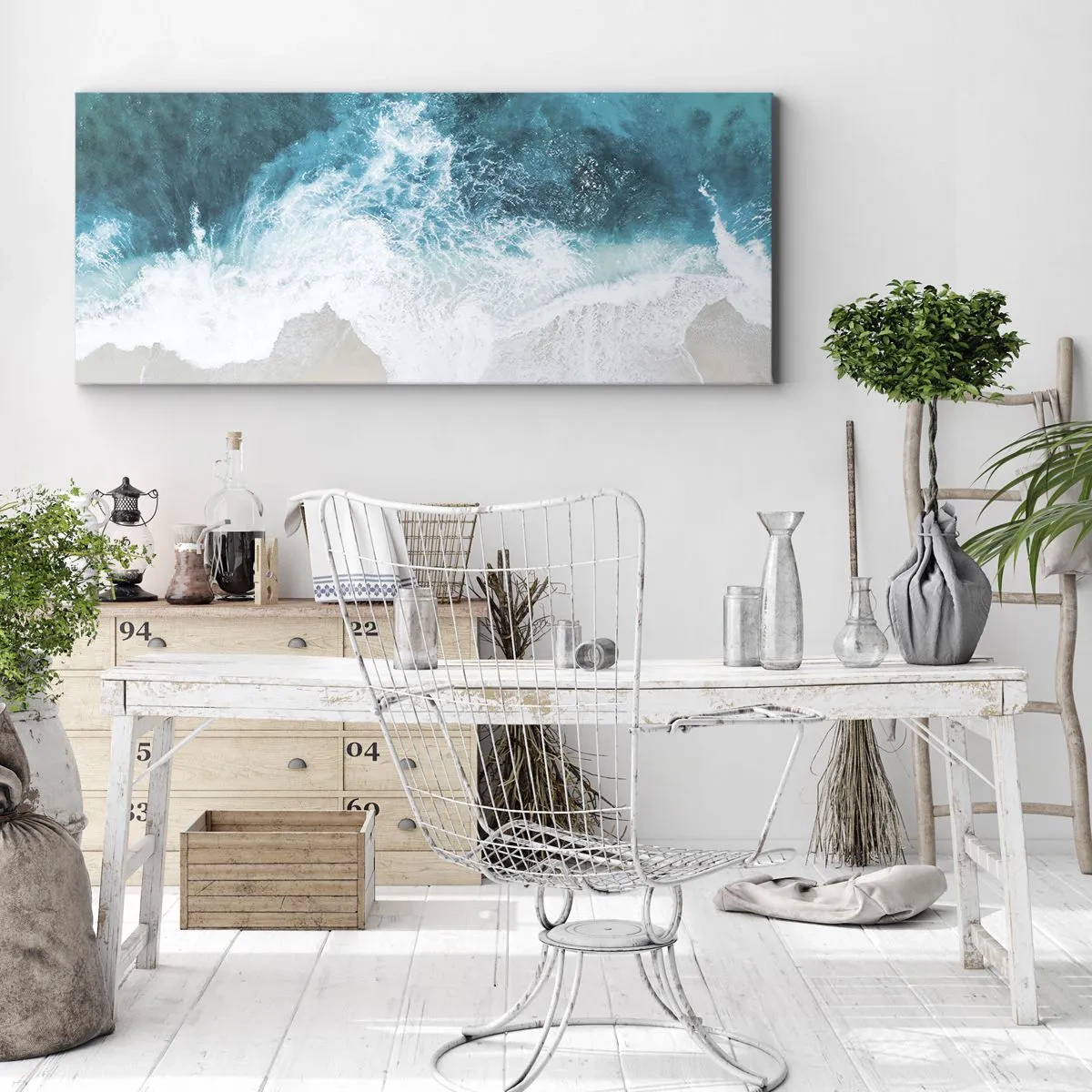 Impression sur toile - Image sur toile - Vagues turquoise de l'océan sur du sable clair - 160x50cm - Caresse naturelle - Décoration murale moderne pour le salon et la chambre ARTTOR