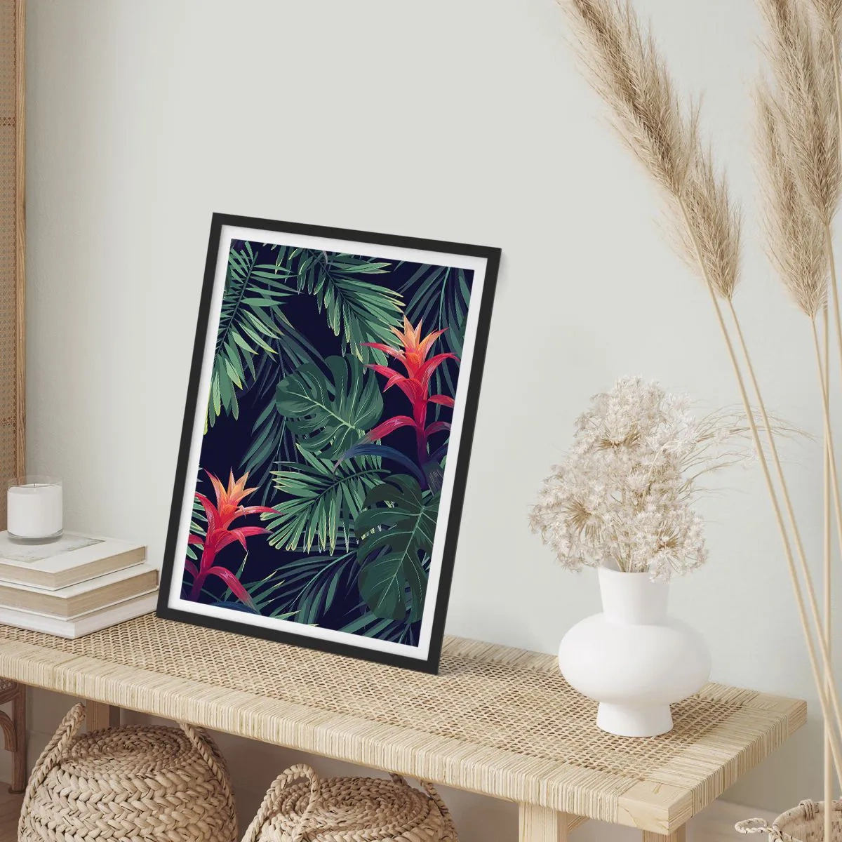 Affiche dans un cadre noir - Poster - Feuilles et fleurs tropicales sur fond sombre - 50x70cm - immergé dans la nature - Décoration murale moderne pour le salon et la chambre ARTTOR