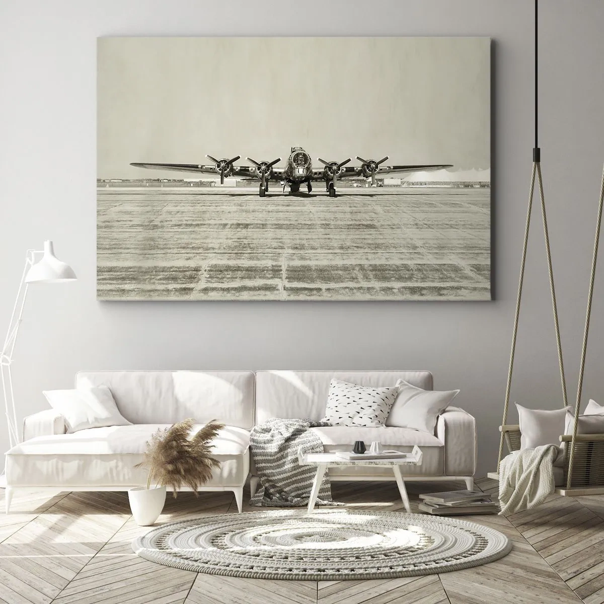 Impression sur toile - Image sur toile - Avion historique à l'aéroport en sépia - 120x80cm - Toujours prêt! - Décoration murale moderne pour le salon et la chambre ARTTOR