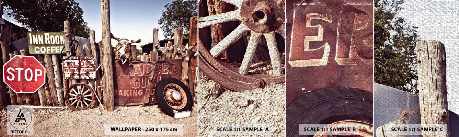 Échantillon de Papier Peint Premium Canvas - Et le temps s'est arrêté - Panneau de signalisation, Route 66, Etats-Unis - 100x30 cm