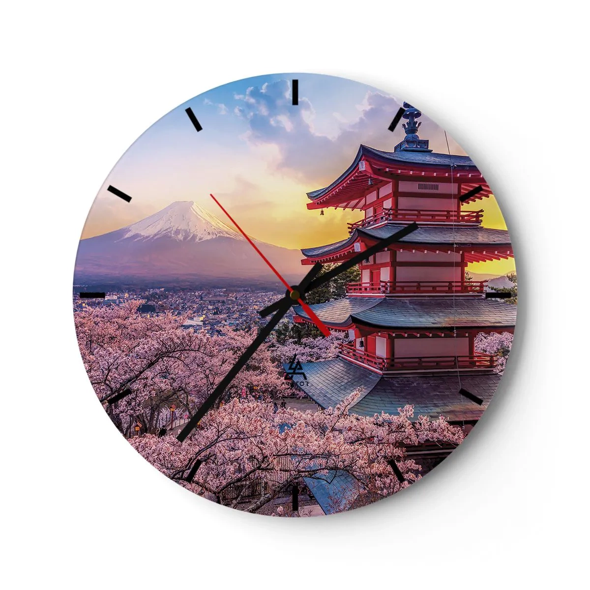 Horloge murale - Pendule murale - Une pagode parmi les cerisiers en fleurs avec le mont Fuji en arrière-plan - 30x30cm - Essence d'âme japonnaise - Décoration murale moderne pour le salon, la cuisine et la chambre ARTTOR