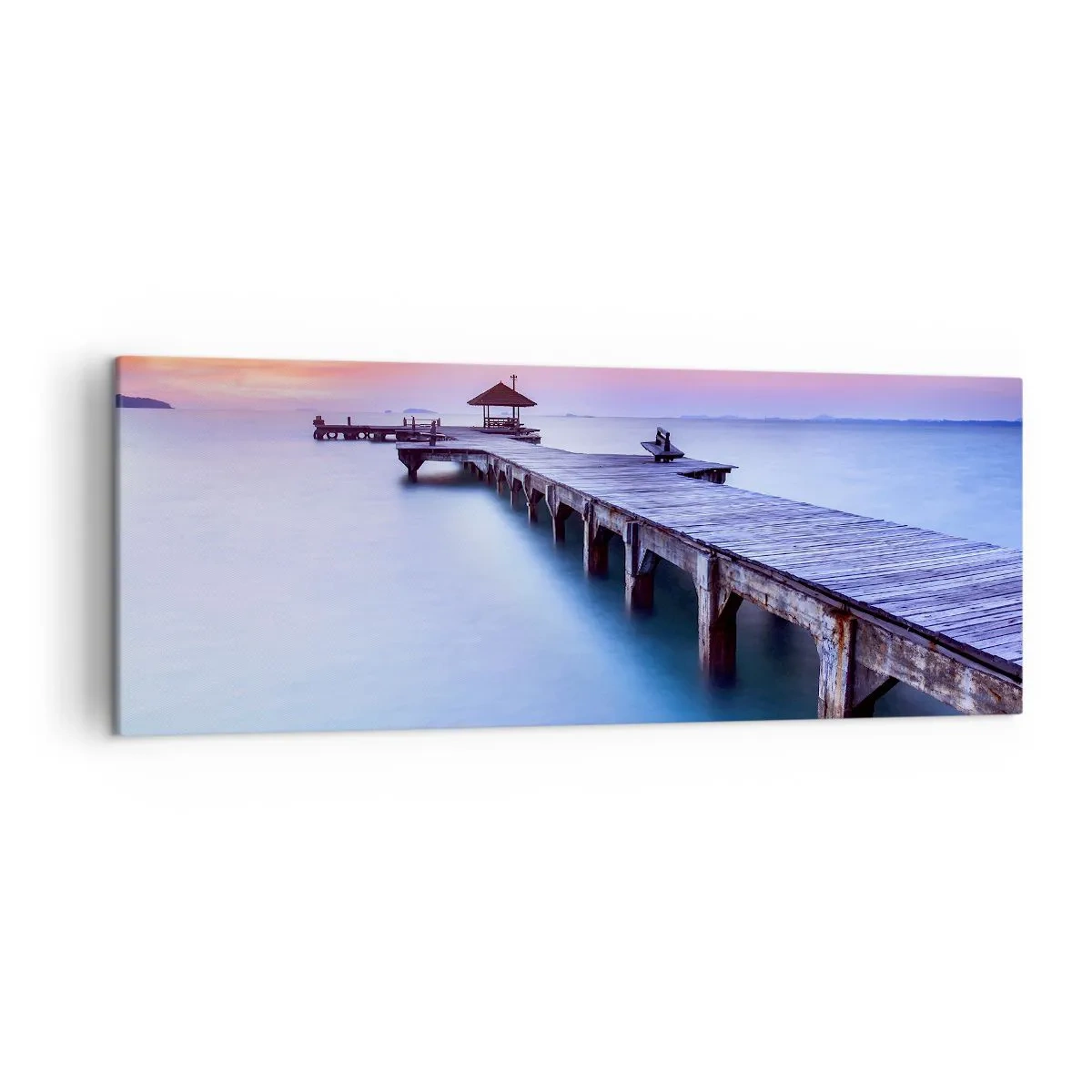 Impression sur toile - Image sur toile - Jetée en bois donnant sur l'eau au coucher du soleil - 140x50cm - Une mer de calme jusqu'à l'horizon - Décoration murale moderne pour le salon et la chambre ARTTOR
