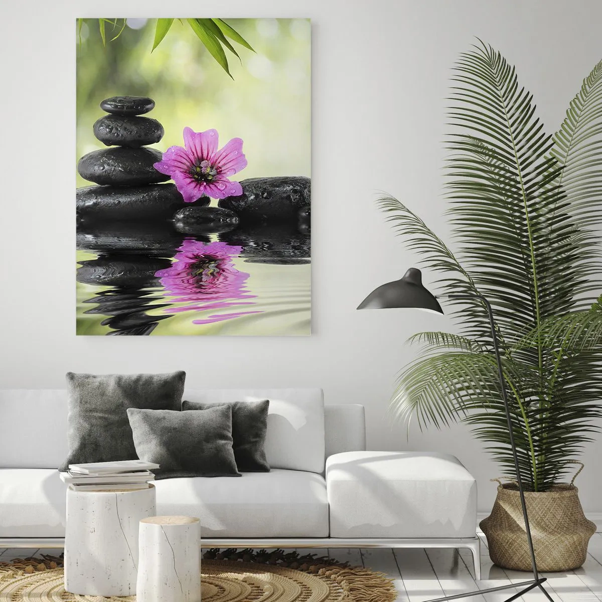 Impression sur verre - Image sur verre - Des pierres zen et une fleur rose se reflétant dans l'eau - 80x120cm - Temps pour l'âme - Décoration murale moderne pour le salon et la chambre ARTTOR