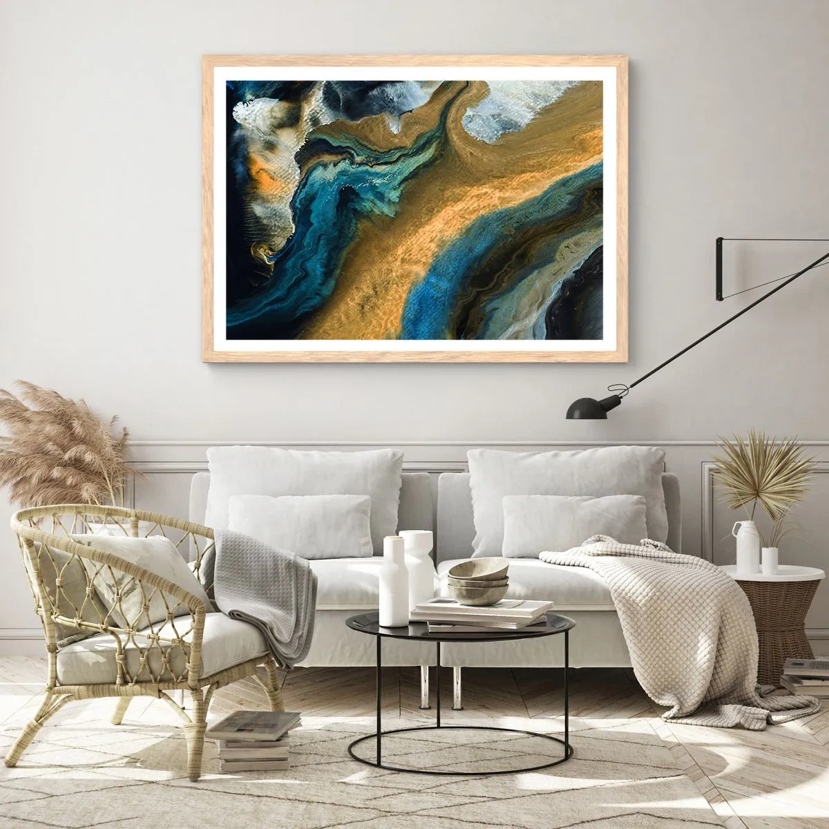 Affiche dans un chêne clair - Poster - Bleu - jaune - influences mutuelles - 100x70 cm