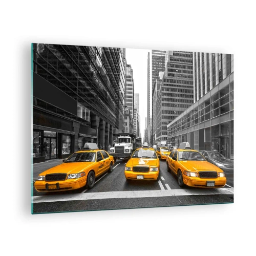 Impression sur verre - Image sur verre - Taxis jaunes dans les rues de New York - 70x50cm - C'est nous qui colorons la ville - Décoration murale moderne pour le salon et la chambre ARTTOR