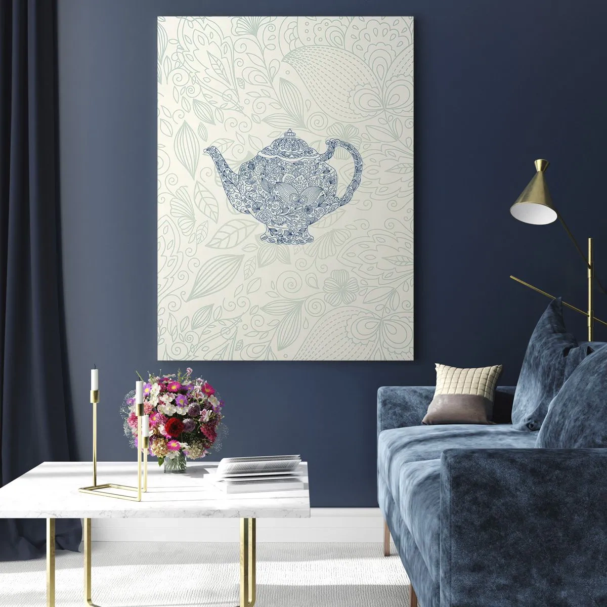 Impression sur verre - Image sur verre - Dessin décoratif d'une théière avec des ornements bleus - 70x100cm - Le charme du thé - Décoration murale moderne pour le salon et la chambre ARTTOR