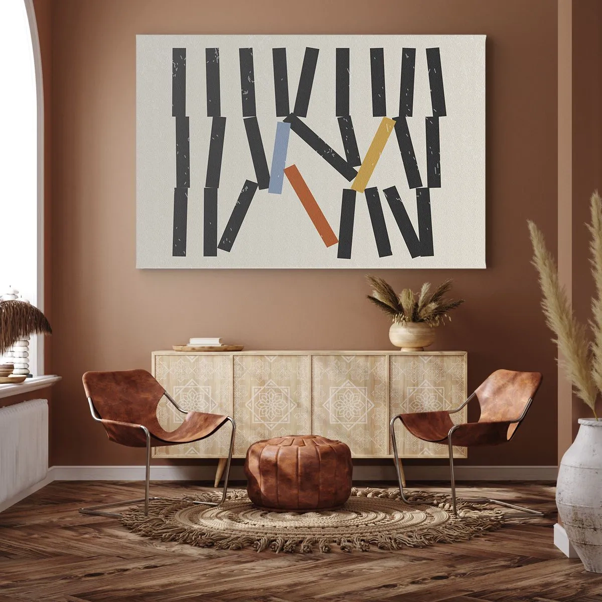 Impression sur toile - Image sur toile - Composition abstraite avec des rectangles colorés et noirs - 100x70cm - Dominos – composition - Décoration murale moderne pour le salon et la chambre ARTTOR