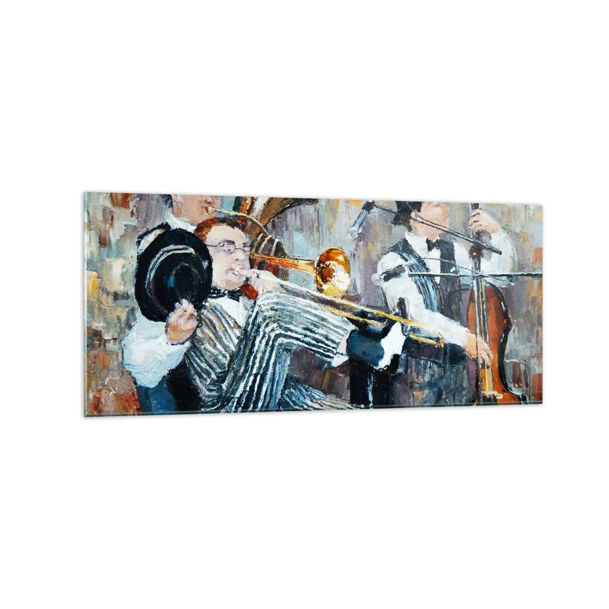Impression sur verre - Image sur verre - Des musiciens de jazz dans un style pictural lors d'un concert - 120x50cm - C'est tout le Jazz - Décoration murale moderne pour le salon et la chambre ARTTOR