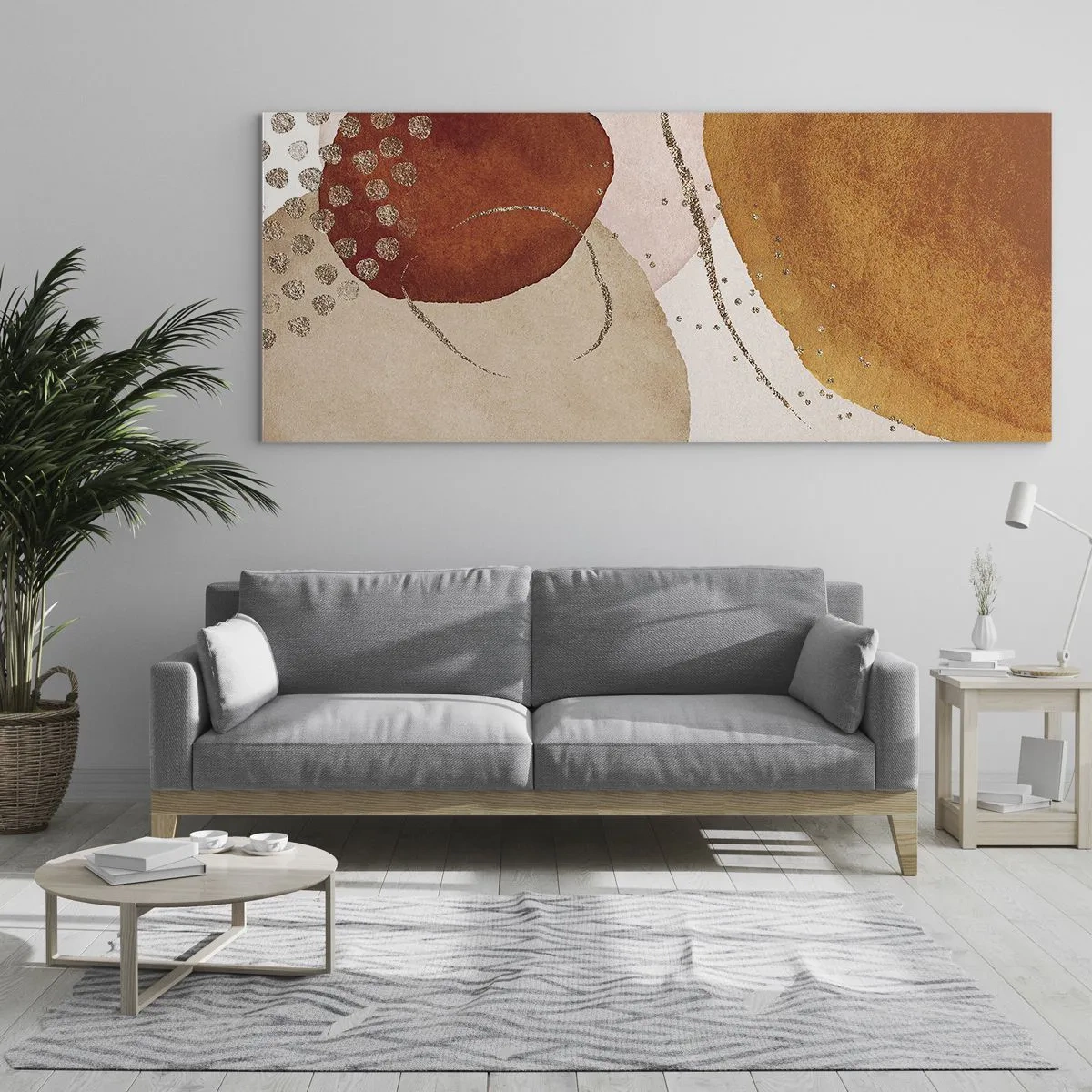 Impression sur verre - Image sur verre - Formes abstraites dans des tons chauds de marron et d'or - 120x50cm - Rondeur et mouvement - Décoration murale moderne pour le salon et la chambre ARTTOR