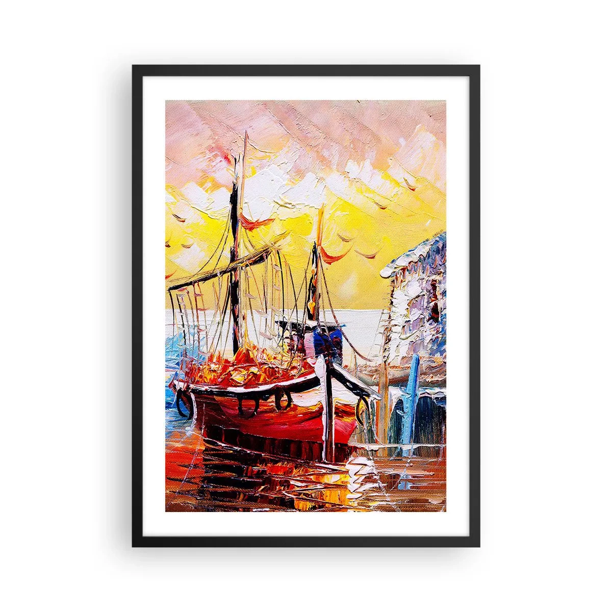 Affiche dans un cadre noir - Poster - Un navire pittoresque sur fond de soleil couchant - 50x70cm - Bon retour - Décoration murale moderne pour le salon et la chambre ARTTOR