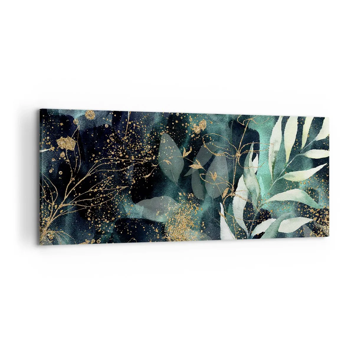 Impression sur toile - Image sur toile - Feuilles élégantes sur un fond sombre avec des accents dorés - 120x50cm - Jardin magique - Décoration murale moderne pour le salon et la chambre ARTTOR