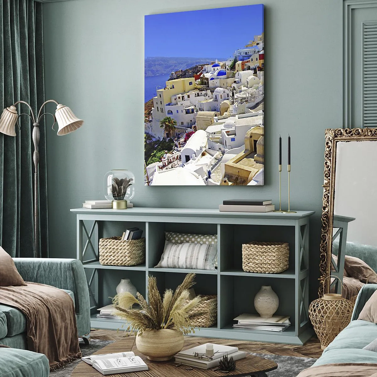 Impression sur toile - Image sur toile - Panorama de Santorin avec des maisons blanches et un ciel bleu - 50x70cm - Le rêve d'un été grec - Décoration murale moderne pour le salon et la chambre ARTTOR