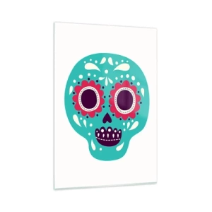 Impression sur verre - Image sur verre - Un crâne en sucre turquoise et violet inspiré de la culture mexicaine - 80x120cm - La vie – du plaisir jusqu'à la mort - Décoration murale moderne pour le salon et la chambre ARTTOR