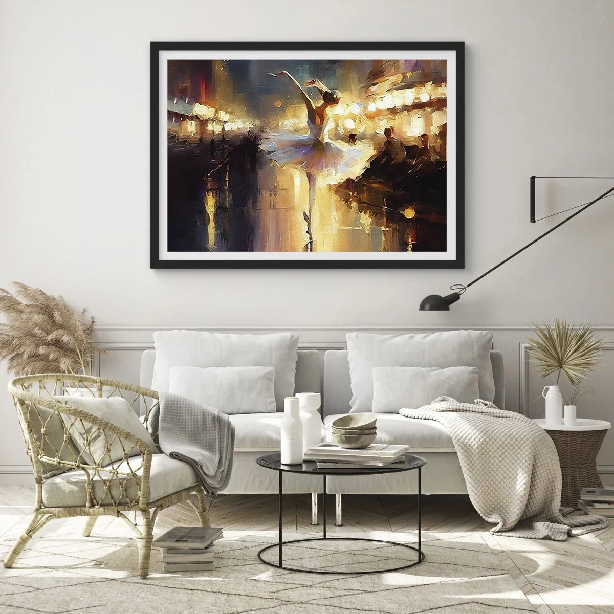 Affiche dans un cadre noir - Poster - Une ballerine dansant devant une scène éclairée - 70x50cm - Miracle dans la rue - Décoration murale moderne pour le salon et la chambre ARTTOR