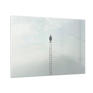 Impression sur verre - Image sur verre - Silhouette d'un homme au sommet d'une échelle dans les nuages - 100x70cm - Se soulever au-dessus - Décoration murale moderne pour le salon et la chambre ARTTOR