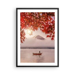 Affiche dans un cadre noir - Poster - Mont Fuji avec un bateau sur un lac et des feuilles d'automne - 50x70cm - Dans le climat japonais - Décoration murale moderne pour le salon et la chambre ARTTOR