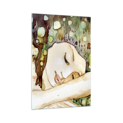 Impression sur verre - Image sur verre - Une femme rêvant entourée de formes et de couleurs abstraites. - 70x100cm - Un rêve violet émeraude - Décoration murale moderne pour le salon et la chambre ARTTOR