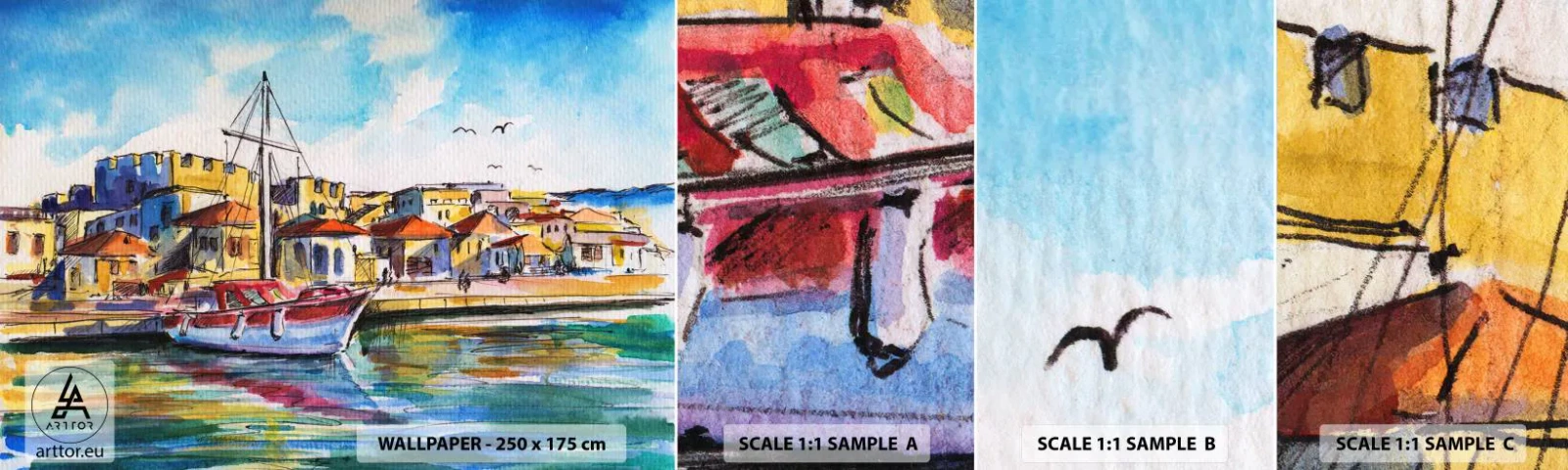 Échantillon De Papier Peint Standard Eco - Après-midi arc-en-ciel - port, Yacht, Bord de mer - 100x30 cm