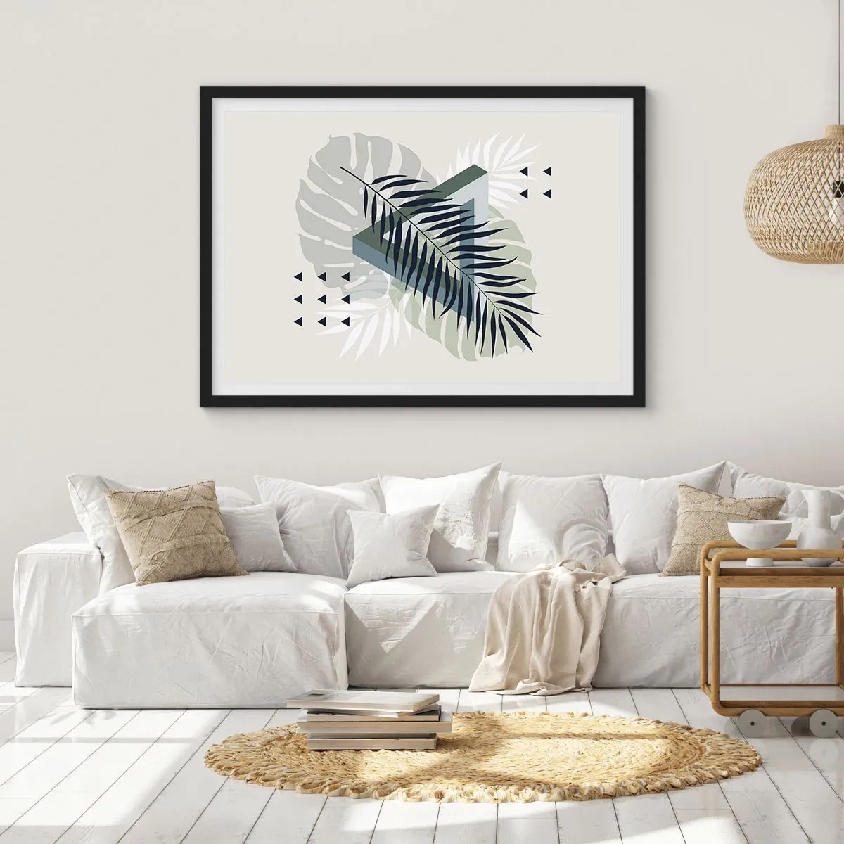 Affiche dans un cadre noir - Poster - Composition géométrique avec des feuilles tropicales dans des tons verts - 100x70cm - Nature et géométrie - deux odres? - Décoration murale moderne pour le salon et la chambre ARTTOR