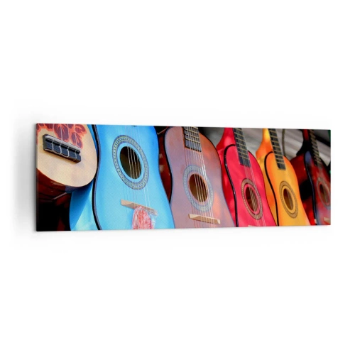 Impression sur toile - Image sur toile - Des guitares acoustiques colorées sont accrochées en rangée dans une exposition - 160x50cm - Ambiance latine - Décoration murale moderne pour le salon et la chambre ARTTOR