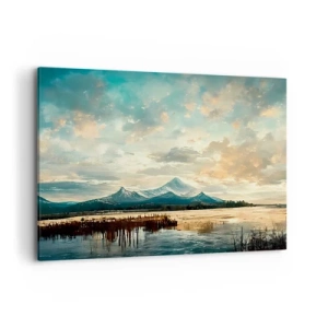 Impression sur toile - Image sur toile - Un paysage pittoresque avec une montagne et un lac calme - 100x70cm - Sous la protection du ciel - Décoration murale moderne pour le salon et la chambre ARTTOR