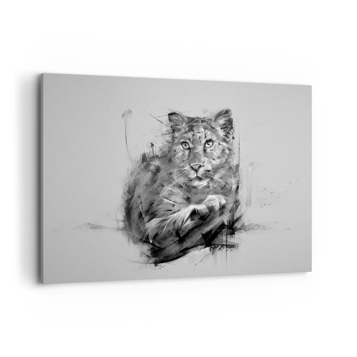 Impression sur toile - Image sur toile - Portrait noir et blanc d'un lion dans un style artistique avec des traits dynamiques. - 120x80cm - Oui, j'écoute attentivement - Décoration murale moderne pour le salon et la chambre ARTTOR