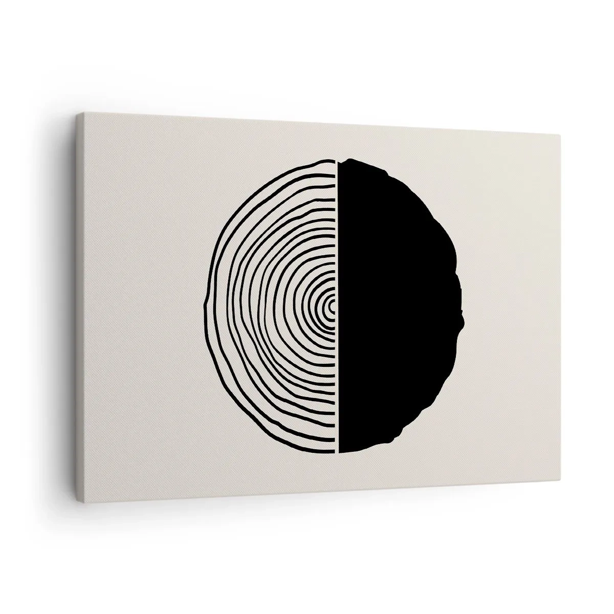 Impression sur toile - Image sur toile - Un motif abstrait en noir et blanc inspiré d'une coupe transversale de bois avec une division géométrique. - 70x50cm - Moitié-moitié - Décoration murale moderne pour le salon et la chambre ARTTOR