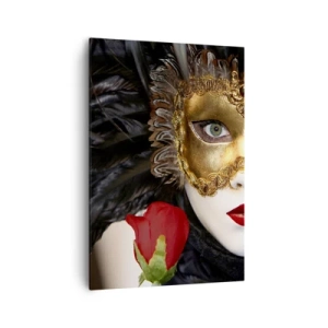 Impression sur toile - Image sur toile - Masque vénitien doré avec plumes et rose rouge, motif mystérieux. - 70x100cm - Parce que la vie est un grand bal - Décoration murale moderne pour le salon et la chambre ARTTOR