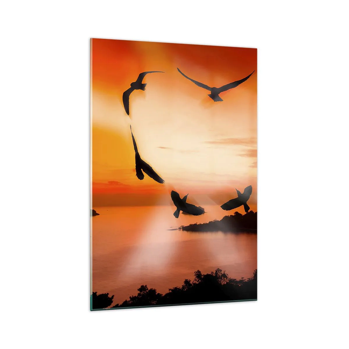 Impression sur verre - Image sur verre - Oiseaux formant un cœur sur fond de soleil couchant - 70x100cm - Aimer le monde comme les oiseaux - Décoration murale moderne pour le salon et la chambre ARTTOR