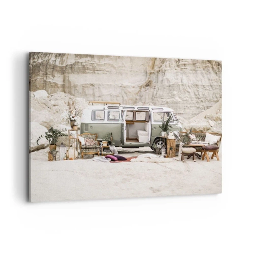 Impression sur toile - Image sur toile - Un camping-car rétro au design bohème sur fond de paysage rocheux. - 100x70cm - Il est temps de commencer le voyage - Décoration murale moderne pour le salon et la chambre ARTTOR
