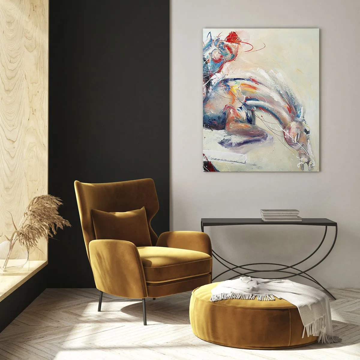 Impression sur verre - Image sur verre - Une image abstraite d'un cheval en mouvement dynamique. - 50x70cm - Accrochez-vous, nous décollons - Décoration murale moderne pour le salon et la chambre ARTTOR