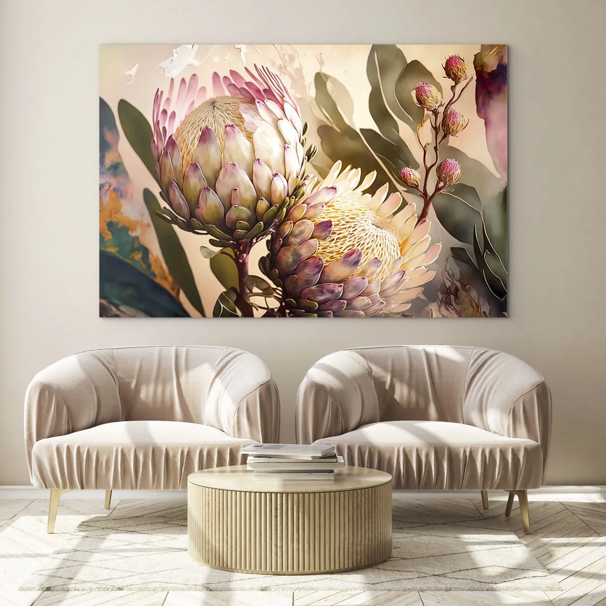 Impression sur verre - Image sur verre - Fleurs de Protea aux tons chauds et à la lumière douce - 70x50cm - Tendrement embrassé - Décoration murale moderne pour le salon et la chambre ARTTOR