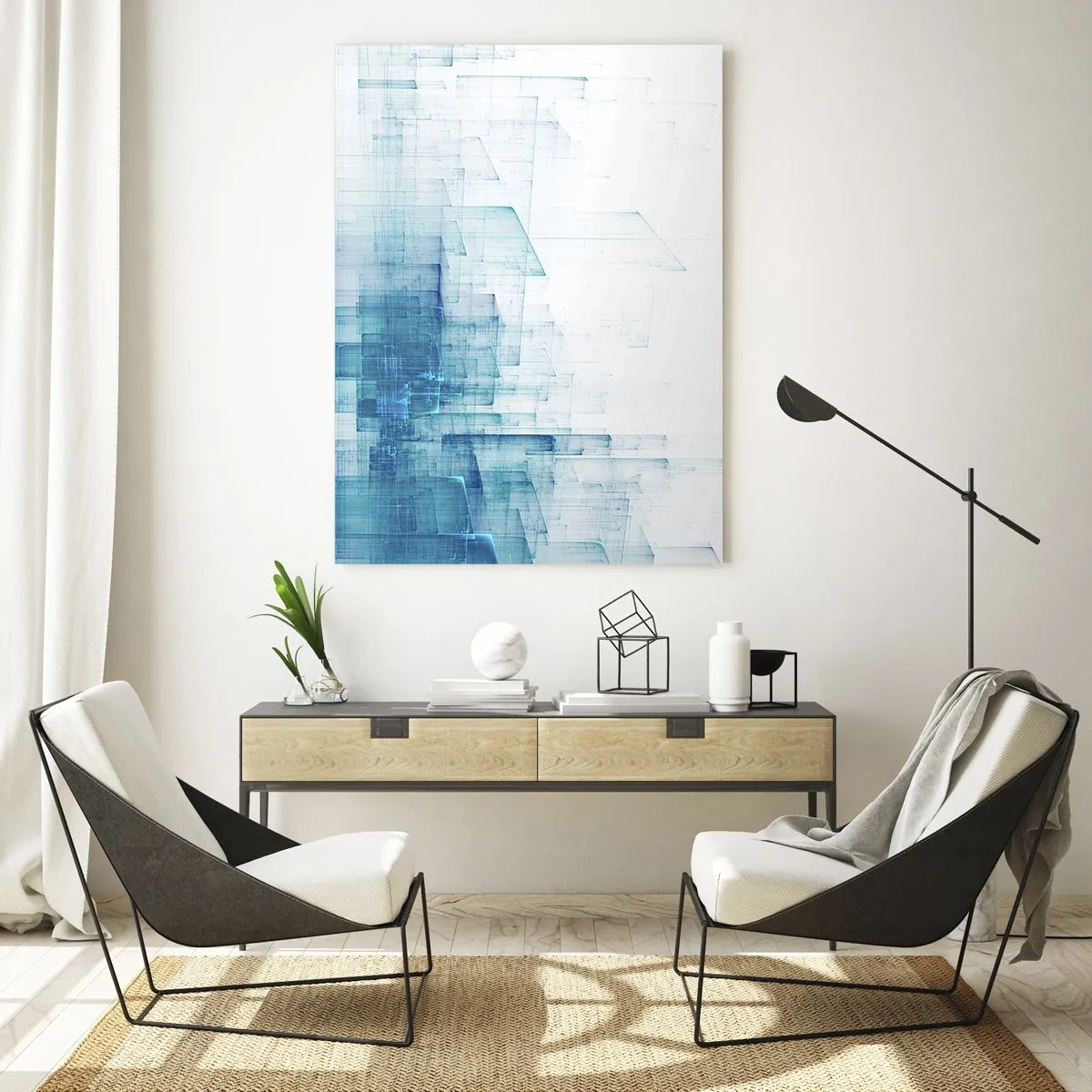 Impression sur verre - Image sur verre - Composition géométrique abstraite dans les tons de bleu - 50x70cm - Comment l’espace s’est formé - Décoration murale moderne pour le salon et la chambre ARTTOR