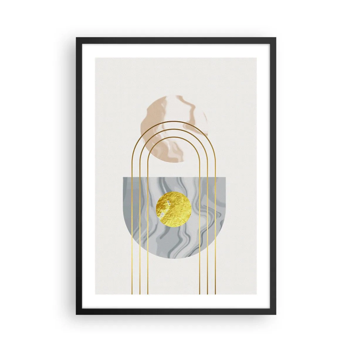 Affiche dans un cadre noir - Poster - Motifs géométriques avec des éléments dorés sur fond clair - 50x70cm - Clareté et brillance - Décoration murale moderne pour le salon et la chambre ARTTOR