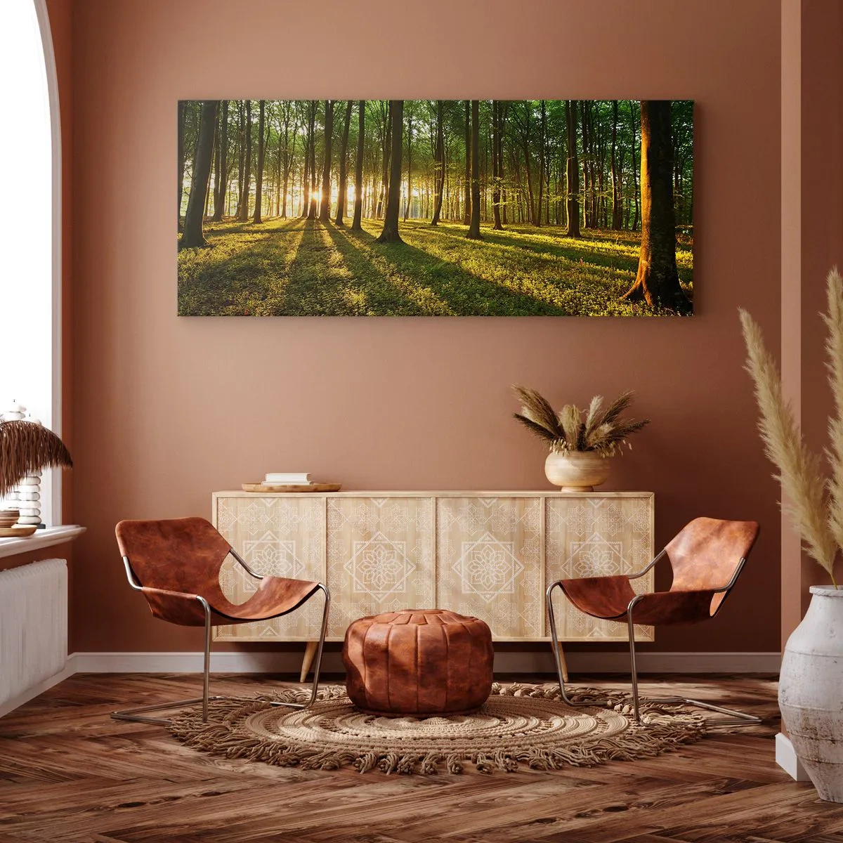 Impression sur toile - Image sur toile - Le soleil couchant dans la forêt de feuillus - 140x50cm - Toutes les photographies de printemps - Décoration murale moderne pour le salon et la chambre ARTTOR