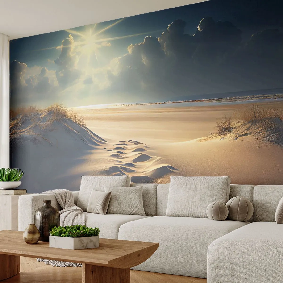 Papier Peint Photo Premium Sand - Un paysage ensoleillé de dunes illuminées par la lumière du coucher du soleil - 100x70cm - Un paysage apaisant - Décoration murale moderne pour le salon et la chambre ARTTOR
