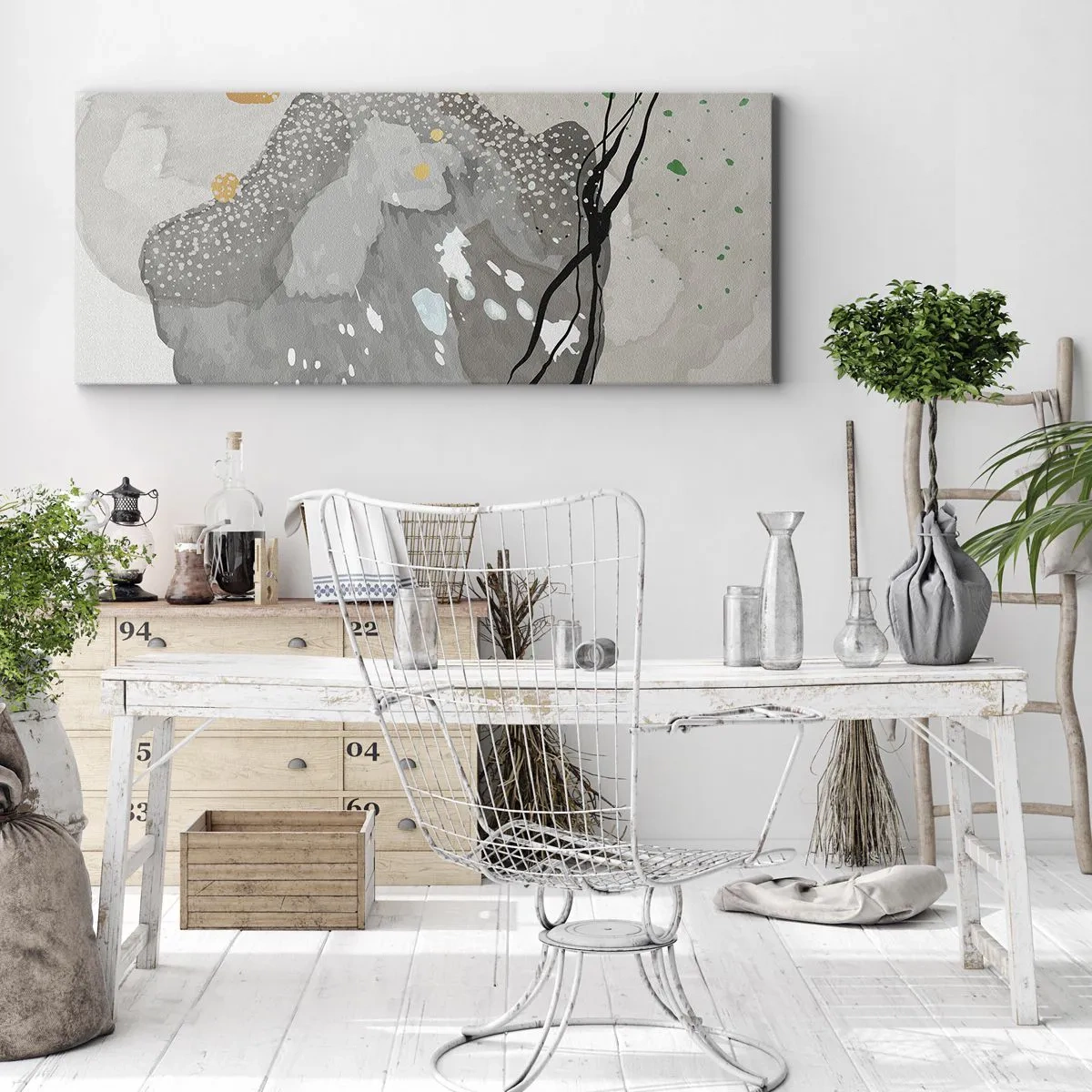 Impression sur toile - Image sur toile - Formes organiques dans des tons de gris avec des accents de noir et d'or - 120x50cm - Composition organique - Décoration murale moderne pour le salon et la chambre ARTTOR