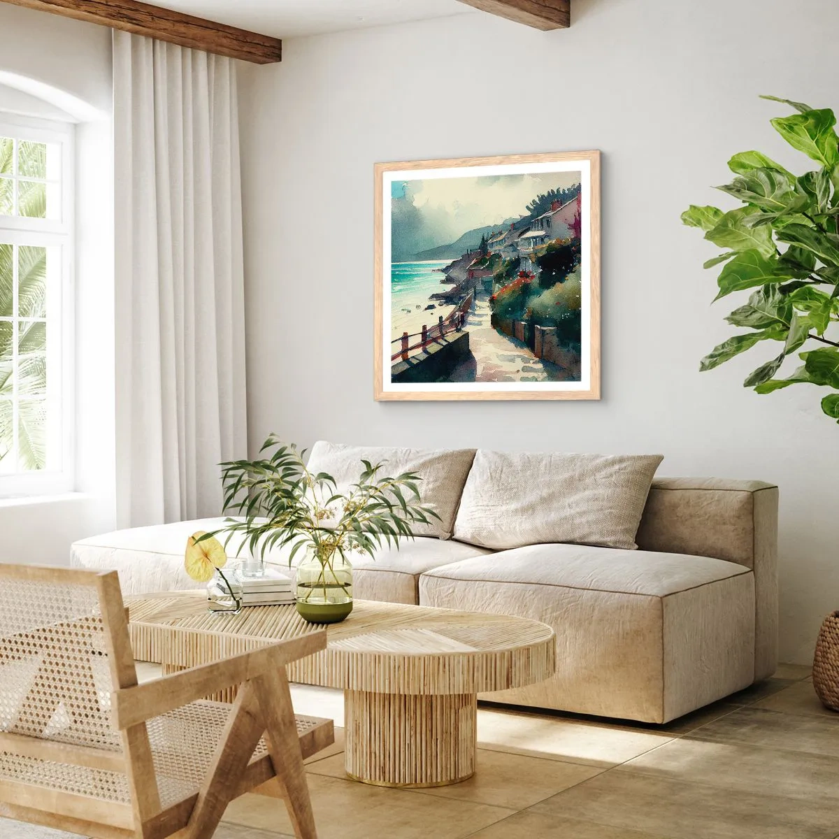 Affiche dans un chêne clair - Poster - Ville méditerranéenne - 30x30 cm