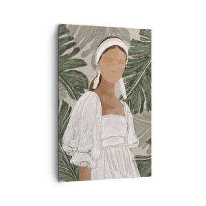 Impression sur toile - Image sur toile - Portrait d'une femme en robe blanche sur fond de feuilles de monstera - 80x120cm - Portrait exotique - Décoration murale moderne pour le salon et la chambre ARTTOR