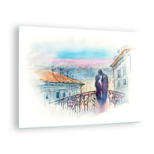 Impression sur verre - Image sur verre - Couple sur un balcon profitant d'un coucher de soleil romantique - 70x50cm - Amoureux de Paris - Décoration murale moderne pour le salon et la chambre ARTTOR