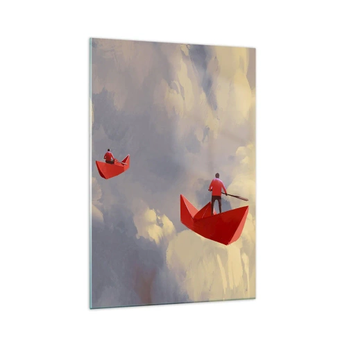 Impression sur verre - Image sur verre - Bateaux en papier rouges flottant dans les nuages - 70x100cm - Expédition des Rêveurs - Décoration murale moderne pour le salon et la chambre ARTTOR