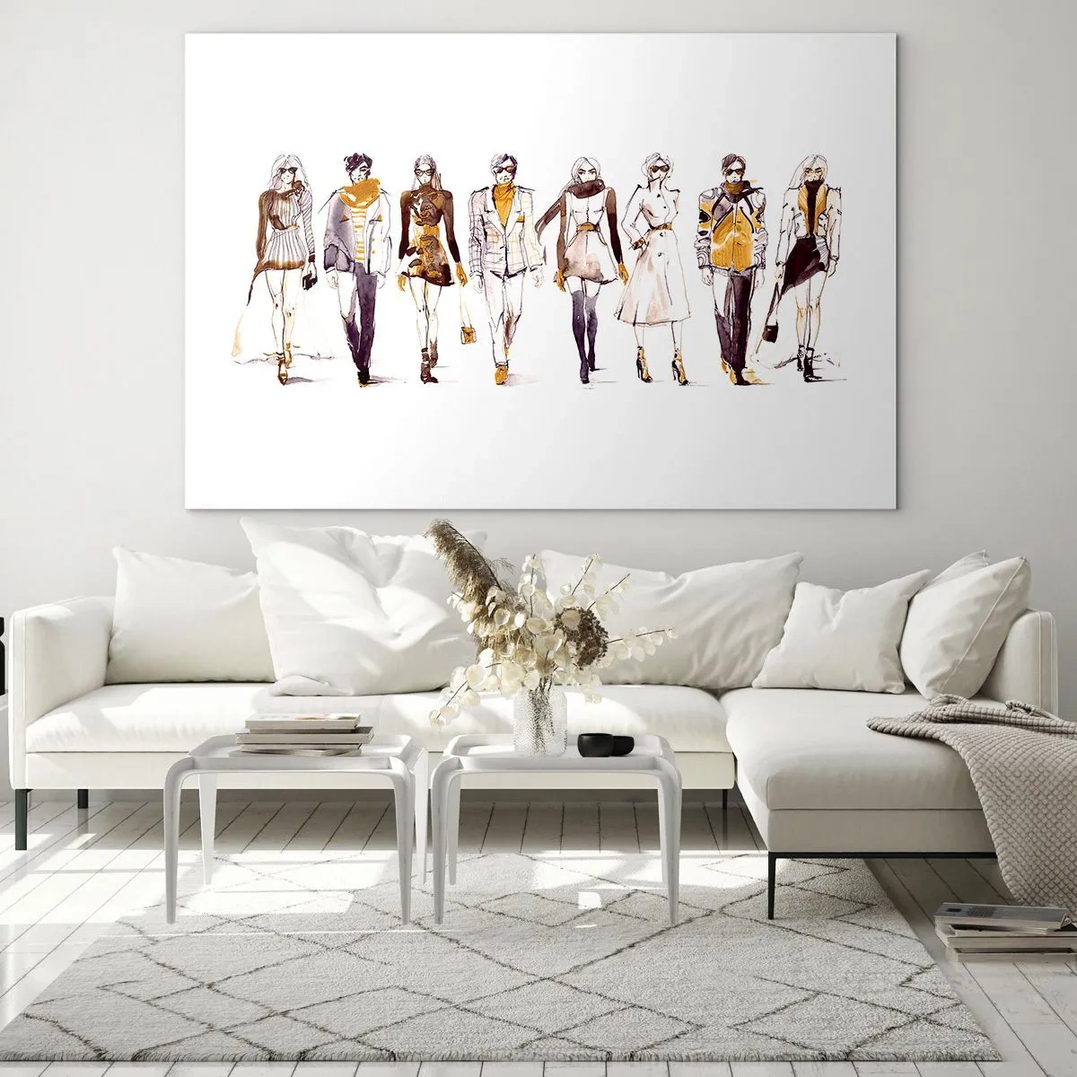 Impression sur verre - Image sur verre - Groupe de personnages à la mode dans un style croquis sur fond blanc - 120x80cm - Chic décontracté, élégance décontractée - Décoration murale moderne pour le salon et la chambre ARTTOR
