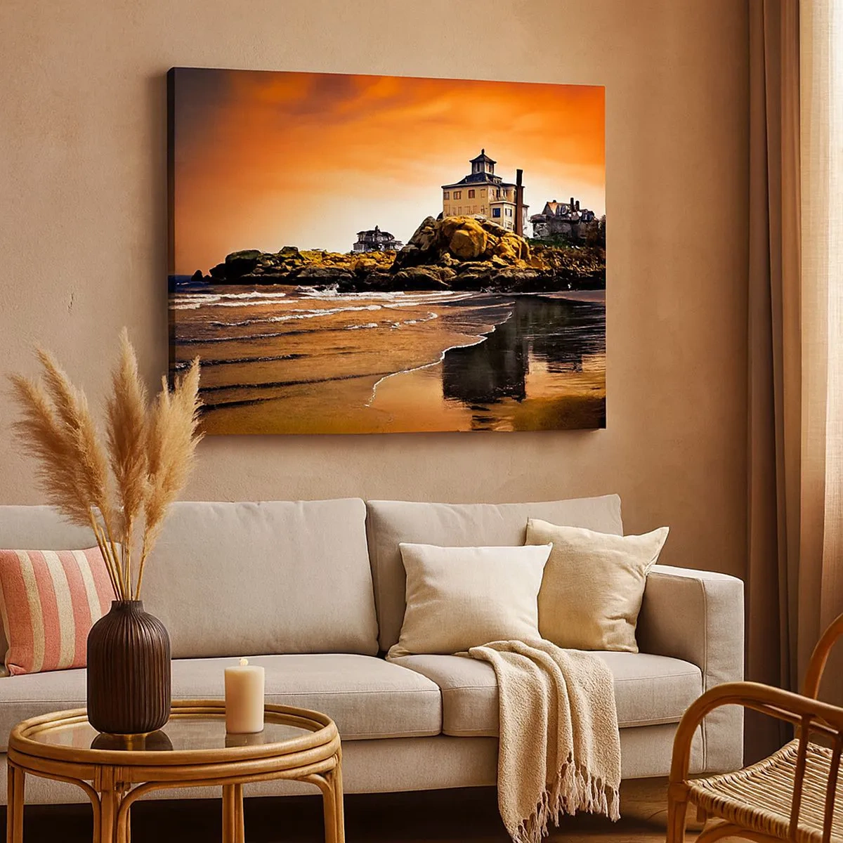 Impression sur toile - Image sur toile - Une maison sur un rocher près de la plage au coucher du soleil avec son reflet dans l'eau - 70x50cm - L'élégance de la côte ouest - Décoration murale moderne pour le salon et la chambre ARTTOR