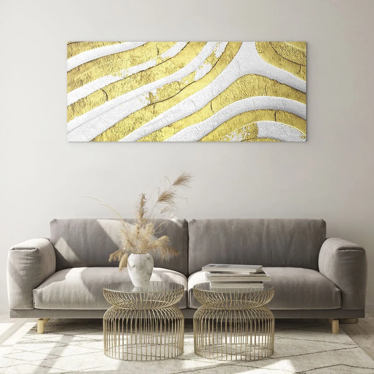 Impression sur verre - Image sur verre - Lignes abstraites dorées et blanches dans une texture 3D - 120x50cm - Composition en blanc et or - Décoration murale moderne pour le salon et la chambre ARTTOR