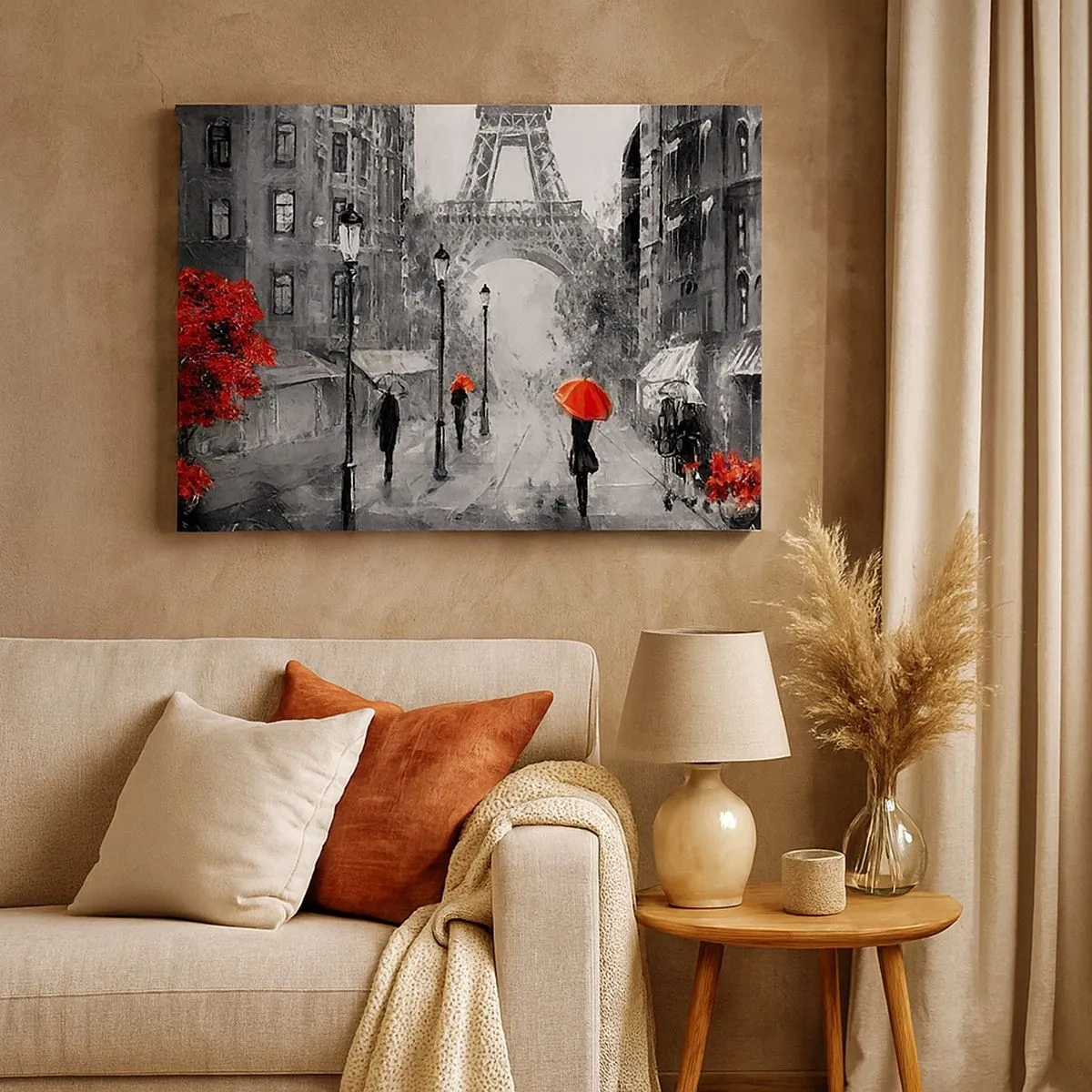 Impression sur toile - Image sur toile - Une rue avec vue sur la Tour Eiffel et des parapluies rouges - 70x50cm - Tous les chemins mènent à elle - Décoration murale moderne pour le salon et la chambre ARTTOR