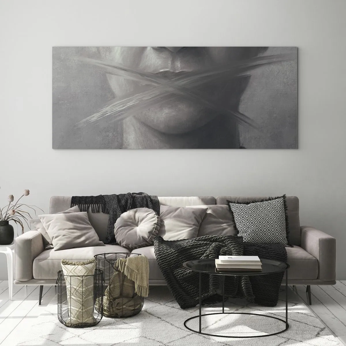 Impression sur verre - Image sur verre - Un portrait symbolique aux lèvres floues dans des tons gris. - 120x50cm - Sans mot - Décoration murale moderne pour le salon et la chambre ARTTOR