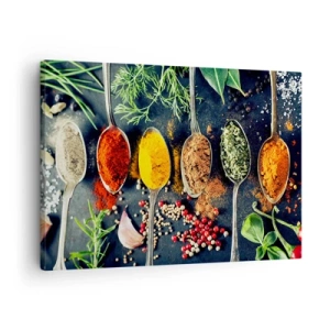 Impression sur toile - Image sur toile - Épices colorées sur des cuillères avec des herbes en arrière-plan - 70x50cm - Magie culinaire - Décoration murale moderne pour le salon et la chambre ARTTOR