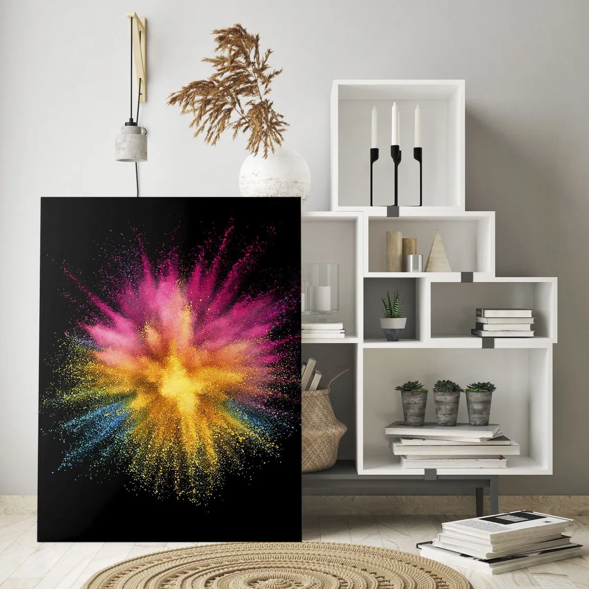 Impression sur verre - Image sur verre - Explosion de poudre colorée sur fond noir - 70x100cm - Origine des couleurs - Décoration murale moderne pour le salon et la chambre ARTTOR